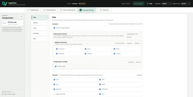 Step 4 — Package Settings: choose colourways, components, and export formats for the client delivery ZIP.